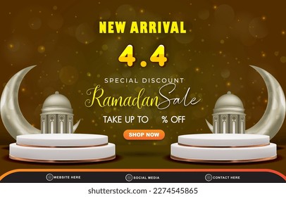 neue Ankunft 04.04 Sonderramadan Verkauf Template Banner mit Kopienraum 3D-Podium für den Verkauf mit abstraktem Farbverlauf-braunem Hintergrund Design