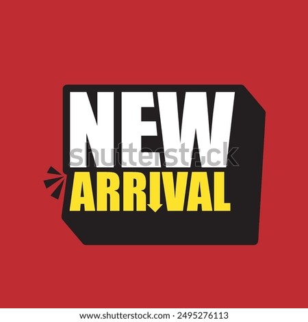 New arrival 3d text logo for announcement new products. New arrival modern typography vector illustration for label, banner, poster, social media marketing. Red background.