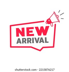 New arrival badge icon megaphone. Banner template. Flat design. Vector illustration.