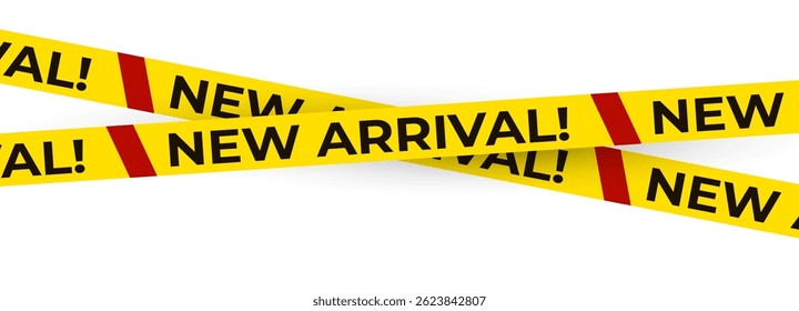 New arrival banner with bold exclamation mark on yellow tape and red accents. Eye-catching retail element for sale announcements, store promotions. Vector illustration