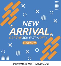 Nuevo diseño de banner de llegada con una plantilla de banner de 50% de descuento