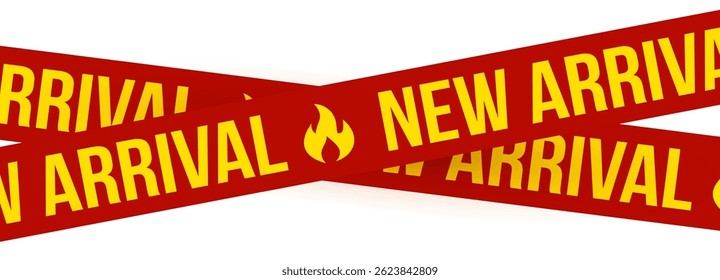 New arrival banner with flame icons and bold red yellow design. Hot alert tape for product launch, retail sales, promotional advertising. Vector illustration