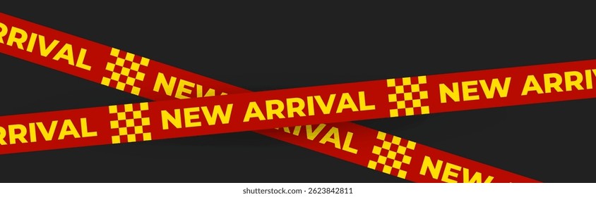 New arrival banner with flame icons on bold red tape. Hot sale promotion for store marketing, product launch, advertising use. Vector illustration.