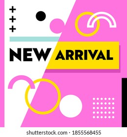 Nuevo cartel de llegada en estilo Funky con tipografía para publicidad en medios sociales digitales. Oferta Caliente, Compras de Fin de Semana, Descuento, Diseño Mínimo De Patrón Geométrico Colorido. Ilustración vectorial