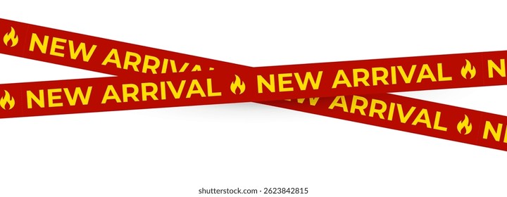 New arrival banner with red and yellow checkered stripe design. Bold promotional tape for product launches, sales, store ads, retail marketing. Vector illustration.
