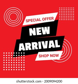 New arrival banner template. Special offer. Text with geometric shapes on red background . Vector illustration