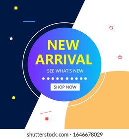 New Arrival blue tag Banner design template. Promotion banner. Label design. Tag design template. Colorful modern creative square banner. Vector illustration 