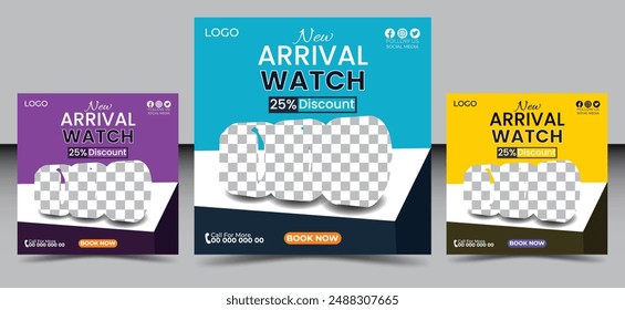 New arrival Classic smart watch social media banner post design template for selling. 