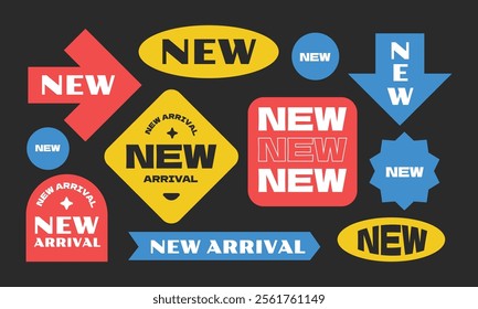 New arrival colorful labels, tags, stickers. Modern flat colorful style.