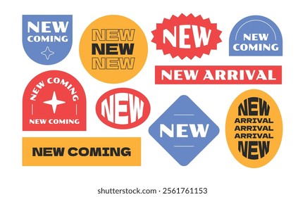 New arrival colorful labels, tags, stickers. Modern flat colorful style.