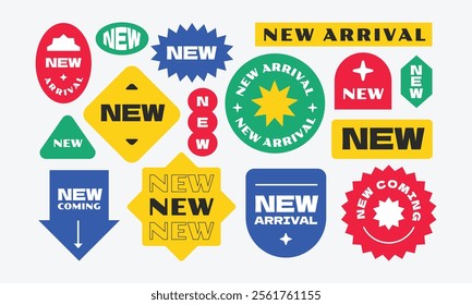 New arrival colorful labels, tags, stickers. Modern flat colorful style.