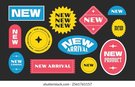 New arrival colorful labels, tags, stickers. Modern flat colorful style.