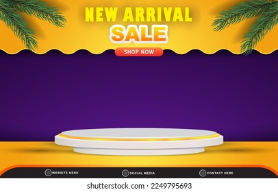 new arrival discount sale template banner with blank space 3d podium for product sale with abstract gradient orange and purple background design