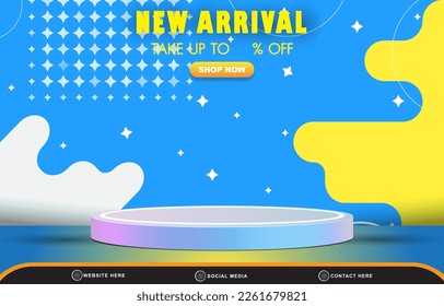 new arrival discount sale template banner with blank space 3d podium for product sale with abstract gradient blue and yellow background design