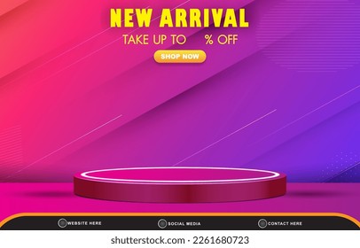 new arrival discount sale template banner with blank space 3d podium for product sale with abstract gradient red and purple background design