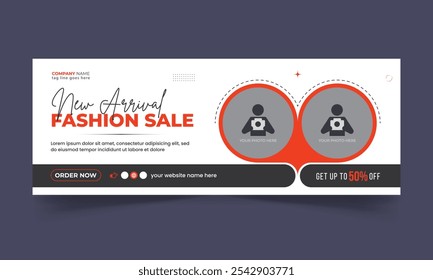 New arrival fashion sale social media  cover design, web banner template, horizontal timeline cover
