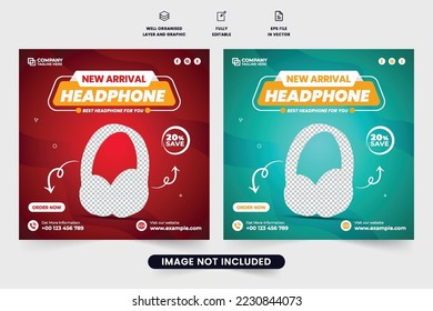 Nueva plantilla de promoción de marca de auriculares de llegada con sección de ofertas de descuento. Auriculares modernos de medios sociales, vector con colores rojo y agua. Diseño especial de banner web para venta de auriculares para marketing.