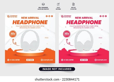 New arrival headphone sale template for social media promotion. Headphone template design with orange and red colors for marketing. Headphone brand promotion web banner design with abstract shapes.