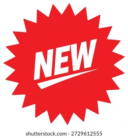 Nueva insignia del icono de la llegada con la etiqueta promocional roja de Starburst para el diseño de la comercialización del lanzamiento del producto