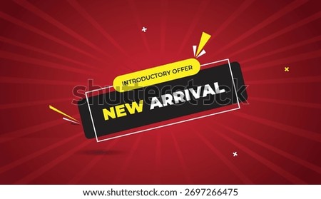 New arrival Introductory Offer web banner vector art template design badge icon label black gray yellow shapes white bold text dark red light sun shine abstract business background modern promotion