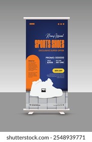 New Arrival Men's Shoe sale roll up banner design or presentation banner design for exclusive sports shoes