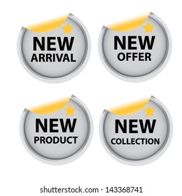 New arrival, New offer, New product, New collection metal labels.