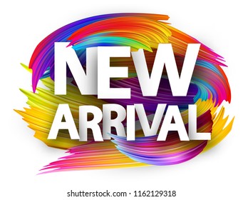 New arrival poster with spectrum brush strokes on white background. Colorful gradient brush design. Vector paper illustration.