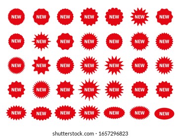 Nuevas etiquetas de precio de llegada. Cajones de estrella. Vector. Descuento de sellos promocionales. Insignias de salpicadura redondas y circulares. Etiquetas de producto de etiquetas rojas. Establecer formas de estallido aisladas en fondo blanco. Ilustración plana.