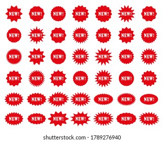 New Arrival Price Stickers. Star Burst Tags. Vector. Discount Promo Stamp. Circle, Round Splash Badge. Set Starburst Shapes Isolated On White Background. Red Product Label. Illustration In Flat Design