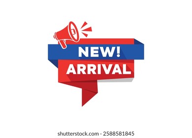 New arrival product tag on red and blue ribbon with megaphone. Advertising vector sticker