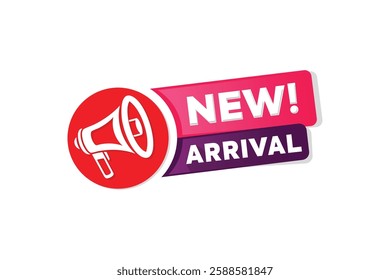 New arrival product tag on red and blue ribbon with megaphone. Advertising vector sticker