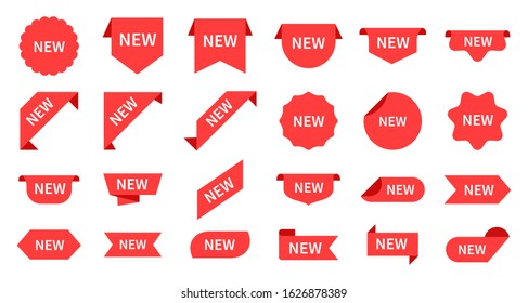New arrival. Red product labels, retail messages. Product tag, store promotion sign. Circle shape and corners for goods vector stickers set