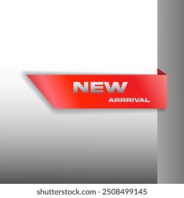 New arrival. Red ribbon on a gray background. Vector illustration.