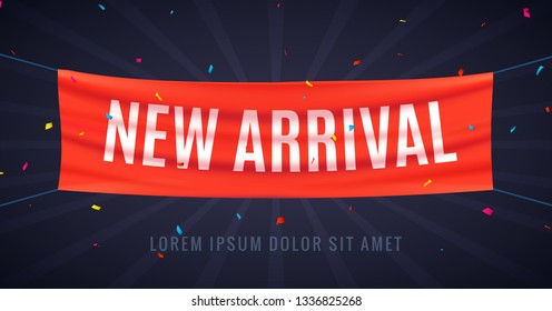 New Arrival Sale Banner Location Promotion. Graphic Template Red Flag With Product Sale.