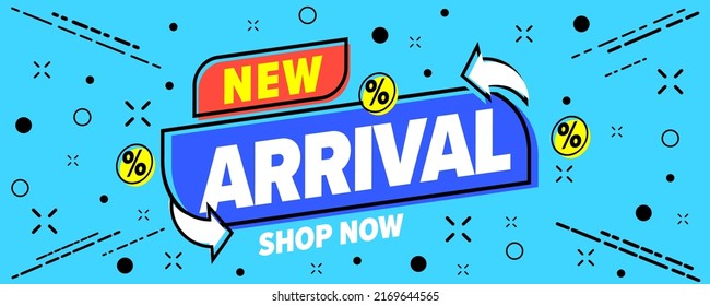 New arrival sale banner location promotion. Shop now invitation. Promo poster template with new product sale announcement vector illustration