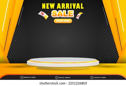 new arrival sale discount template banner with blank space 3d podium for product sale with abstract gradient black and yellow background design