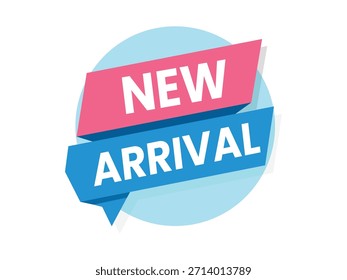 Ilustración vectorial de etiqueta de venta de Nueva llegada. Modernas cintas diagonales de color rosa y azul con texto blanco sobre un fondo de círculo azul claro con destellos. Elemento de diseño plano perfecto para Sitios web de comercio electrónico, marketing minorista, etiquetas de productos y anuncios de tiendas.