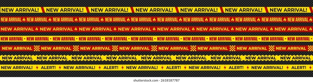 New arrival sale tape set with flame, lightning, checker blocks. Seamless repeating ribbons for promo banners, ecommerce ads, mobile UI. Bold urgent style. Vector illustration.