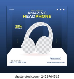 New arrival smart headphone banner for selling and promotional purpose. Instagram square headphone or musical instrument poster design template.