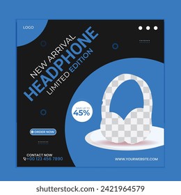 New arrival smart headphone banner for selling and promotional purpose. Instagram square headphone or musical instrument poster design template.