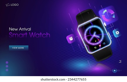 New Arrival Smart Watch Landing Page or Hero Image in Gradient Purple Color.