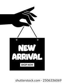 New Arrival - speech bubble on market bag held by hand. Vector icon on transparent background