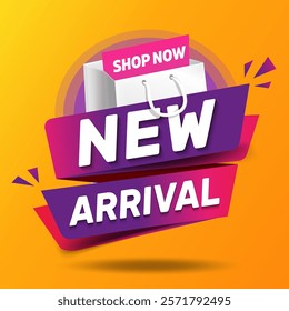 New arrival sticker tag on with a paper shopping bag icon. Renewed goods assortment or fashion collection announcement. New arrival modern typography vector illustration for banner, poster, flyer.