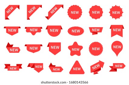 New Arrival Stickers. Elegant Advertising Icons, Red Shopping Ribbons. Special Retail Messaging And Sale Product Tags. Vector Info Labels