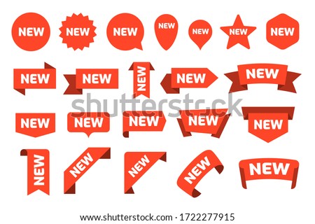 New arrival stickers and labels flat icon kit. Isolated red retail ribbons for promotion vector illustration collection. Discount and price offer concept