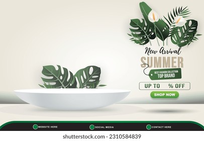 new arrival summer sale banner for social media post with 3d podium for product sale and abstract gradient white and green background design