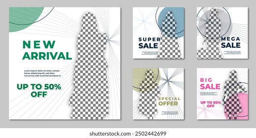 New arrival Super sale social media post design, Square mega sale post layout for product promotion, sale banner set template