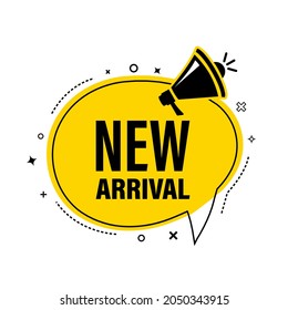 New arrival symbol. Megaphone banner. Special offer sign. New arrival. Loudspeaker with speech bubble. Arrivals sign. Marketing and advertising tag. Vector