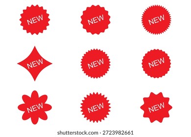 New arrival tag icon set. Red new sale label. Price sticker vector icons.