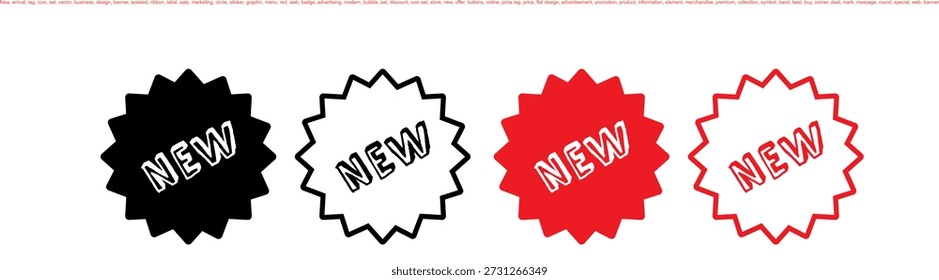 New arrival tag icon set black and red.